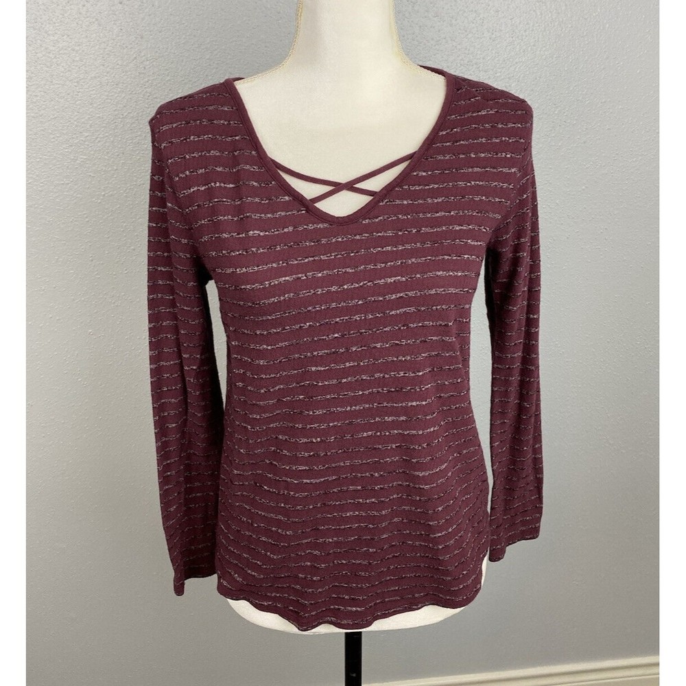 Arizona Jeans Co Long Sleeve Striped Maroon Tee Shirt Size Medium